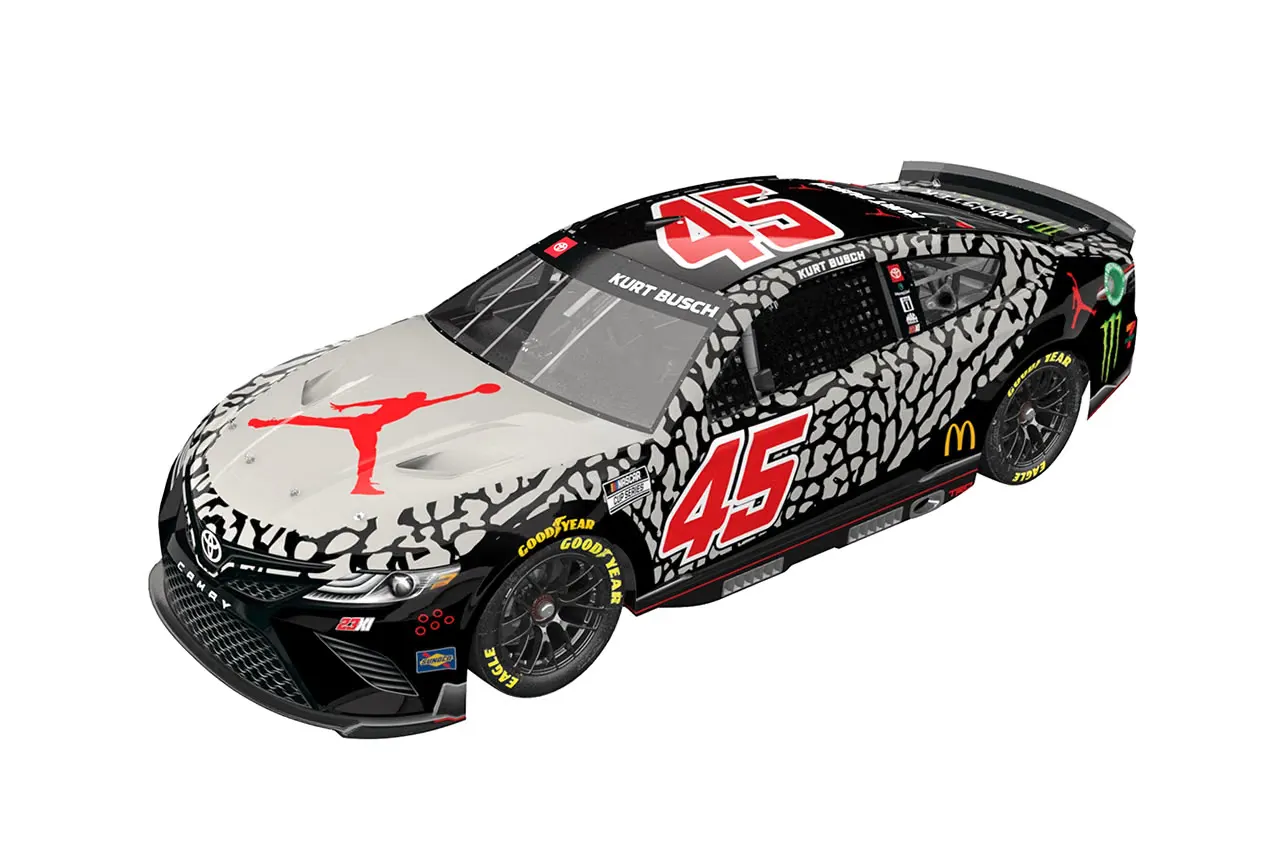 23XI Racing Gives Kurt Busch’s Car a Paint Job Inspired by the Air Jordan 3 “Black Cement”